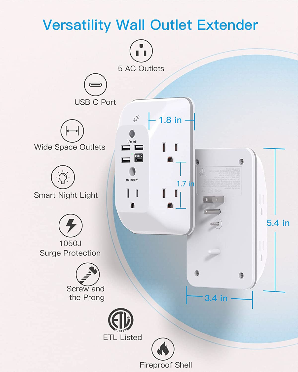 Outlet Extender with Night Light, Multi Plug Outlet, USB Wall Charger Surge Prot