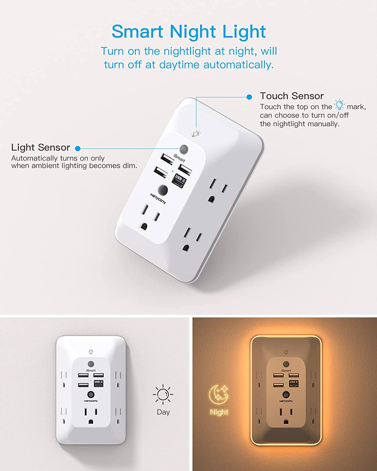 Outlet Extender with Night Light, Multi Plug Outlet, USB Wall Charger Surge Prot